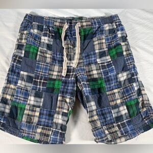 American Eagle Men's Plaid Dorm Shorts - Blue and Green. Size XL